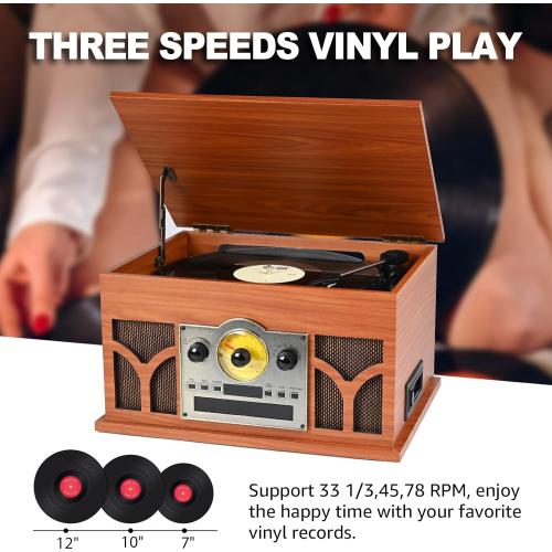 10-in-1 Vinyl Record Player with Built-in Speakers Wireless Playback, CD & Cassette Player, USB Player, AM/FM Radio, 33/45/78 Speed Turntable Mahogany