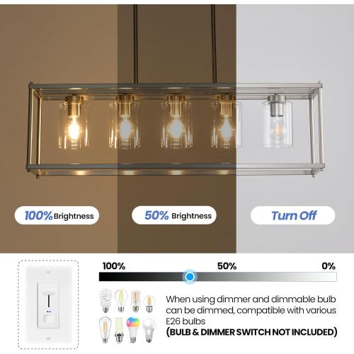 Farmhouse Chandeliers for Kitchen Island, Modern 5-Light Rectangle Chandelier, Brushed Nickel Linear Pendant Lighting Fixture with Clear Glass Shade, L35.4 Inch