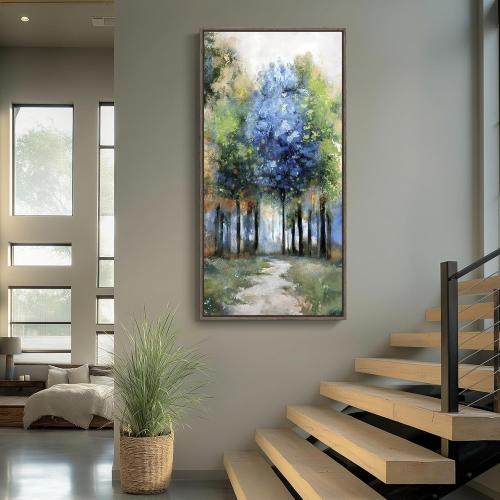 Framed Vertical Colorful Forest Living Room Wall Art, Large Tree & Path Picture Artwork for Walls, Farmhouse Landscape Vertical Canvas Print for Office Kitchen Foyer Stair Hallway Wall Decor, 20x40 In