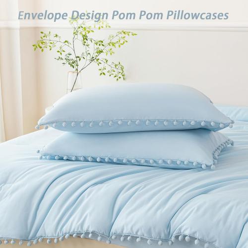 PERFEMET 3 Pieces Full Bed in A Bag Light Blue Pom Pom Bedding Set for Girls Boys Soft Fluffy Boho Solid Bedding Comforter Set with Sheets(Light Blue, Full)