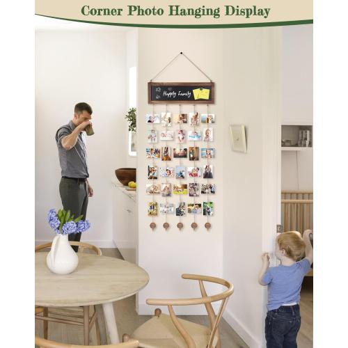 Bikoney Picture Frames Collage Photo Hanging Display Picture Board Wood Rustic Frames for Wall Decor and Dorm Room Decor with Blackboard and 30 Clips Carbonized Black