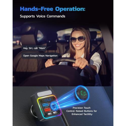 Nulaxy 54W Bluetooth 5.3 Car Adapter, FM Transmitter 4-Port Fast Charging | Wireless FM Radio Music Player with Deep Bass, 5 Colors LED Backlit, Hands-Free Calling, PD&QC Car Charger Support USB Drive