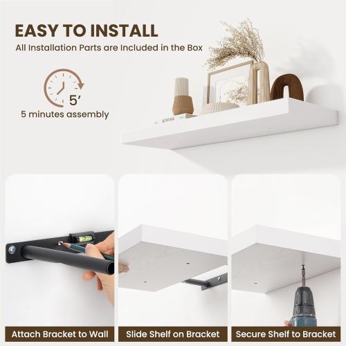 Fun Memories Wood Floating Shelves 16 Inch, 10 Inch Deep Shelves Wall Mount, Wall Shelves with Invisible Bracket, 16 Floating Shelves for Living Room Bathroom Bedroom, White, Set of 2