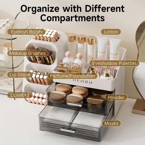 Color White Makeup Organizer for Vanity with Brush Holder, Countertop Organizer with 2 Drawers, Spacious Cosmetic Display Case for Beauty Essential, Skincare, Lipstick