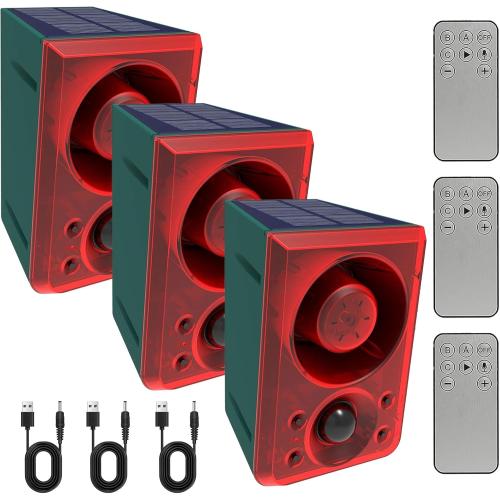 ChunHee Solar Outdoor Motion Sensor Alarm with Dog Barking Gunshot Sound, Support Recording and Adjustable Volume, 130db Loud Noise Maker 3 Work Modes Strobe Light for Home, Villa, Farm, Barn (3pack)