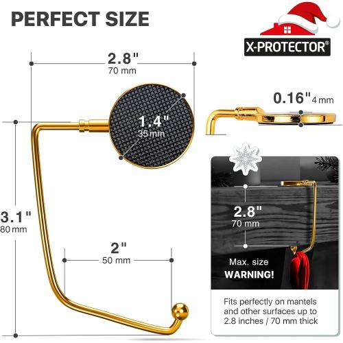 X-Protector Stocking Holders for Mantle - 6 PCS - Premium Christmas Stocking Holder with Non-Slip Bottom - Golden Stocking Hangers for Mantel - Stocking Hooks with Stickers on Top - Merry Christmas!