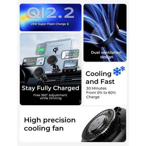 LISEN for Qi2.2 25W MagSafe Car Mount Charge,Cooling Fan,95W Fast Adapter