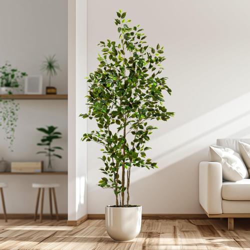 Bailikang Artificial Ficus Tree Indoor 7ft, Large Potted Faux Tree with Realistic Silk Leaves & Trunk for Home Office, Living Room Corner Decor