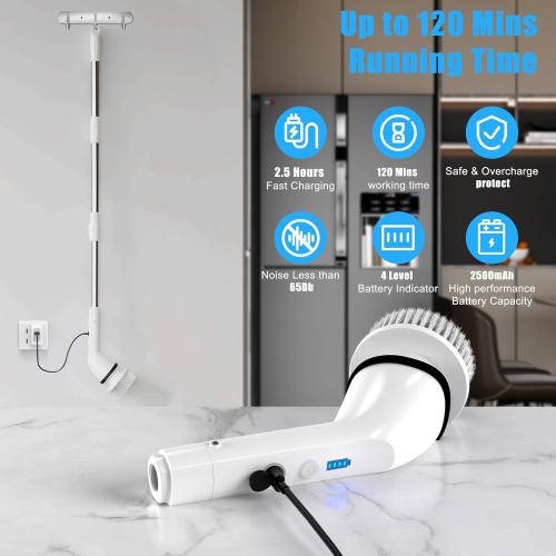 Cordless Spin Scrubber Electric Spin Scrubber with 6 Replaceable Brush Heads and Stainless Steel Adjustable Extension Handle, Bathroom Scrubber Electric Sink Scrubber Brush for Kitchen