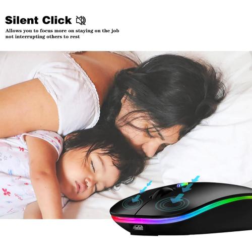 Wireless Bluetooth Mouse Rechargeable Laptop Mice with LED Lights Silent Slim Use(BT5.2 and 2.4G Portable USB) Dual Mode Computer Mouse for Laptop/iPad/Tablet/Apple/Computer/Mac (Black)
