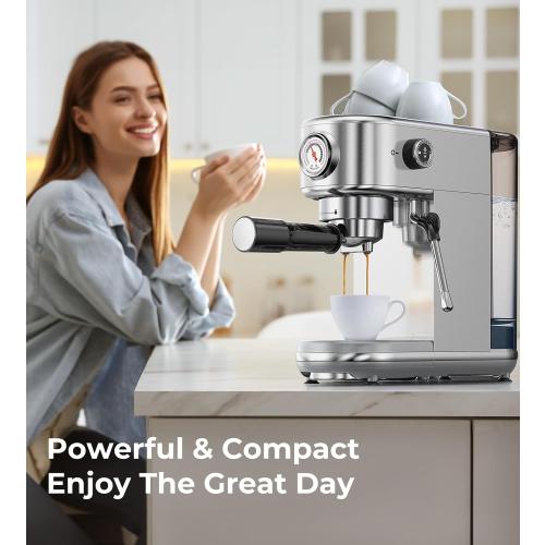 Espresso Machine with Milk Frother, 20 Bar Pressure Espresso Maker, with 44OZ Removable Tank, Compact Stainless Steel Coffee Machine for Home, Office, Latte, Cappuccino, Macchiato, Silver
