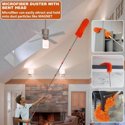 Orange 20  Feet High Reach Duster Kit with 3-14 ft Extension Pole // High Ceiling Dusting and Window Cleaning Kit with Spliceable Pole - Window Washer & Squeegee, Cobweb Duster, Fan Blade and Feather Dusters