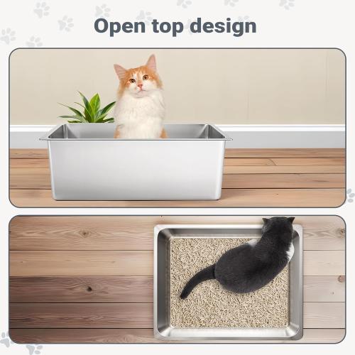 Kirecoo Stainless Steel Cat Litter Box - Metal High Sided Cat Pan, Large Stainless Steel Box, Indoor Litter Tray, Non Stick, No Smell, Easy to Clean, Pet Toilet Supplies for Kitten, Kitty, Rabbit