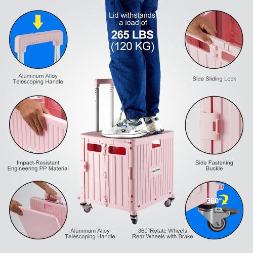 MACOPRO Folding Utility Cart Portable Rolling Crate Handcart Shopping Trolley Collapsible Tool Box, with Lid, Basket on 4 Rotate Wheels, for Grocery, Shopping, Office, Teacher (Pink)