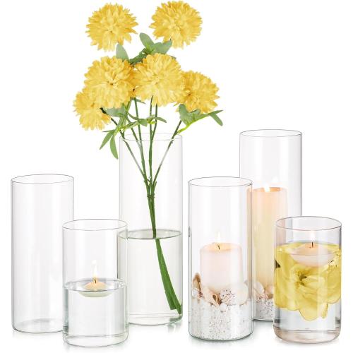 Glasseam Clear Glass Cylinder Vase, 6pcs Glass Vases for Centerpieces, Modern Floating Candle Vases for Flowers, Hurricane Vase Decor Candle Holders for Pillar Candles Wedding Decorations (4/6/8)