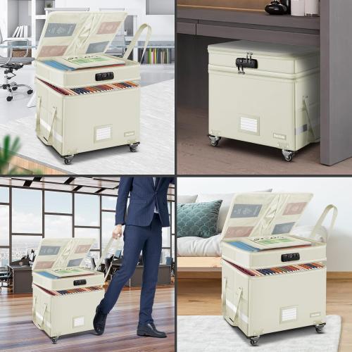 Beige,16''x13.8''x12.2 DocSafe Fireproof Document Box with Lock,2-Layer File Box with Wheels,Collapsible File Storage Organizer with Pockets,Large Portable Office Filing Cabinet for Hanging Folders