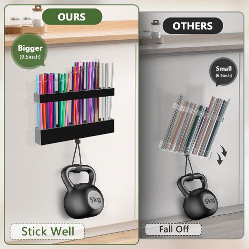 Malldii 9.5 Large Acrylic Straw Holder for Cabinet Door - Reusable Tumbler Straw Organizer Storage, Small Kitchen Accessories Container, Ultra Sticky Cupboard Door Mounted (Black)