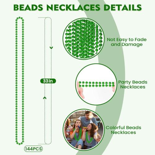 SHAOQINLIN 144 PCS St. Patrick's Day Bead Necklaces, Green Mardi Gras Christmas Beads, 33'' Green Party Beads for St. Patricks Day, Mardi Gras, Christmas, Carnival Party Favors