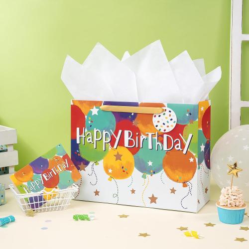 Loveinside Colorful Birthday Gift Bag, Balloons Pattern with HAPPY BIRTHDAY Text, Matching Tissue Paper, Greeting Card and Tag, Ideal for Kids' Birthday Gifts, 13 x 5 x 10, 1 Pcs