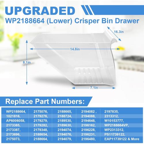 [2 PACK]UPGRADED 2188656 (Upper) Refrigerator Crisper Bin & 2188664 (Lower) Fridge Crisper Drawer Replacement Compatible with Kenmore Whirlpool Refrigerator Drawers Parts with Humidity Control