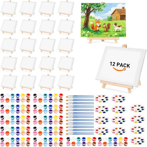 12 Pack 8 * 10In Canvas Boards for Painting, Mini Painting Canvas Kits with 24 Brushes & 12 Paint Trays & 12 * 12 Colors Acrylic Paint 12 Easel,Sip and Paint Kit for Adults & Kids Party