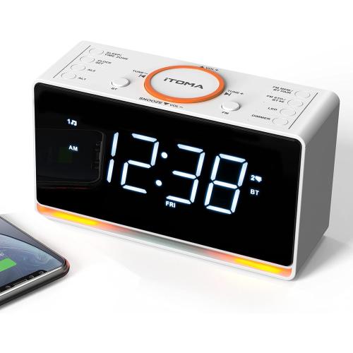 iTOMA Alarm Clock Radio, 1.4 White LED Display Clock with Bluetooth, FM Radio, Dual Alarm, Sleep Timer, Snooze, Auto & Manual Dimmer, USB Charger and Night Light CKS718