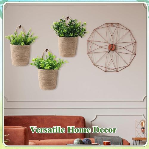3 Pack Wall Baskets for Plants Hanging Rope Basket with Artificial Plants Woven Farmhouse Jute Storage Organizer Rustic Wall Boho Basket Decor for Porch Living Room(Green Eucalyptus Style,10 Pcs)