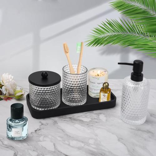 Bathroom Accessory Set,4 Pcs Clear Glass Bathroom Accessories Set-Lotion Soap Dispenser,Toothbrush Holder,Qtip Holder Dispenser & Resin Vanity Tray,Countertop Vanity Organizer,Crystal Clear