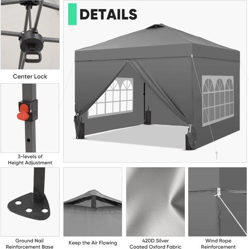 GDY 10x10 Pop Up Canopy Tent with 4 Sidewalls, Easy Set up with One Push Lift Outdoor Silver Coated Beach Gazebos, Carpas with 4 Sandbags, for Events, Parties,Camping, Gray.