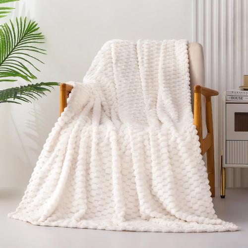 Exclusivo Mezcla Extra Large Fleece Throw Blanket for Couch, 50x70 Inches Stylish Jacquard Soft Throw Blanket, Fuzzy Cozy Lightweight for Winter, Ivory