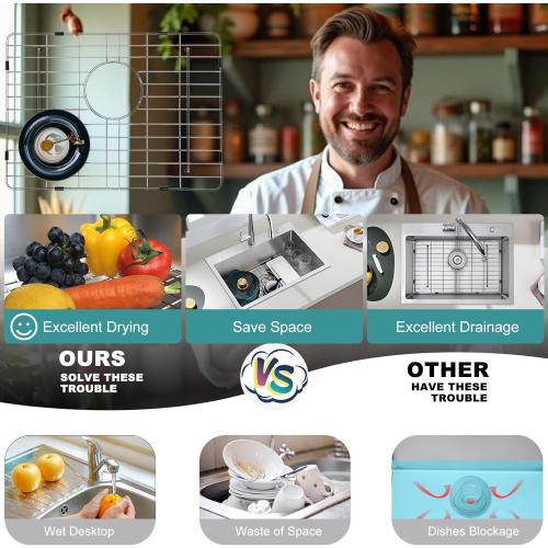 Size 25x14 Stainless Kitchen Sink Protector - S304 Sink Grids for Bottom of Kitchen Sink, 25 x 14 with Rear Drain for Single Bowl Kitchen Sink with Corner Radius