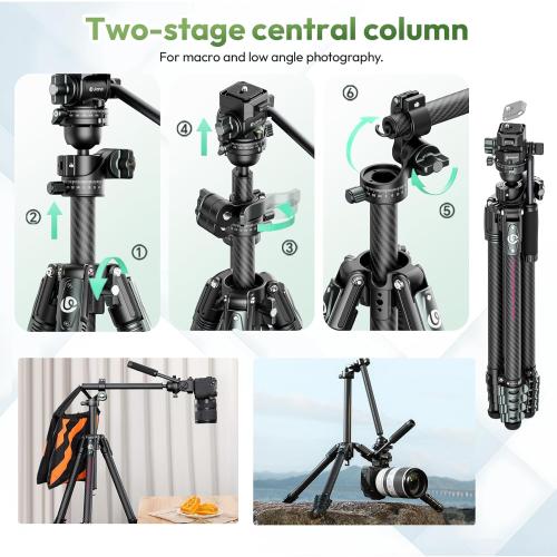 Black ULANZI JJ06 73.6 Carbon Fiber Video Tripod, Horizontal Tripod w Central Column,Handle and UKA Quick Release Plate for Cameras/DSLR/Camcorder, Dual 360° Pan Head, Weight 3.88 lbs, Maxload 39.7 lbs