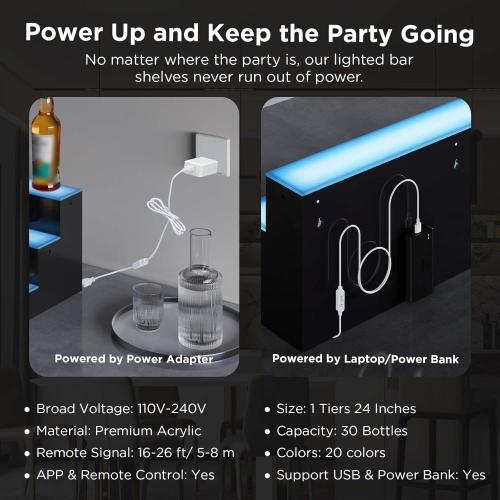 Dethan 1 Tier 24 Inch LED Lighted Liquor Bottle Display Shelf - Wine Racks with Multi-Color App & Wireless Remote Control, Adjustable Brightness & Sound Modes, Acrylic Bar Shelves for Home Bar Display