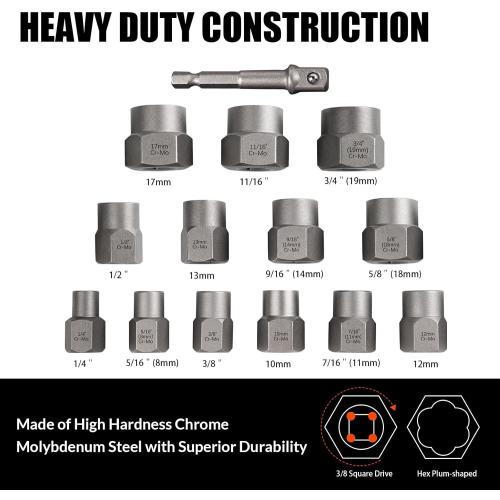 Bolt Extractor Set Heavy Duty, 13Pcs Bolt Extractor Kit with 3/8 Inch Adapter, Stripped Lug Nut Remover, Easy Out Bolt Remover Set for Rusted, Rounded, Damaged Nuts Screws