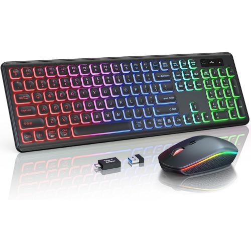 Wireless Keyboard - RGB Backlit, Rechargeable & Light Up Letters, Full-Size, Ergonomic Tilt Angle, Sleep Mode, 2.4GHz Quiet Keyboard for Mac, Windows, Laptop, PC - missing mouse