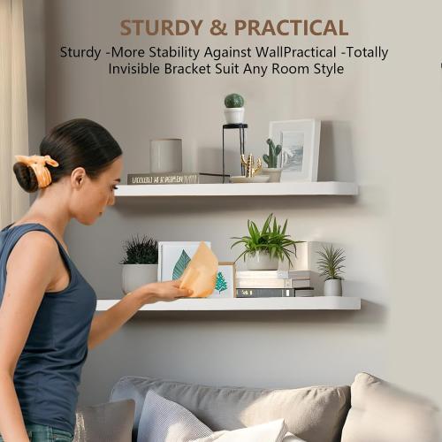Solid Wood Floating Shelves for Wall, 17Inch Floating Shelves Set of 2, Hanging Shelf with Invisible Brackets, Wood Shelves for Living Room, Bedroom, Kitchen, White