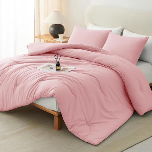 Comforter Set Pink, 3 Pieces Lightweight Comforters Quilted Bedding Sets, All Season Breathable Solid Down Alternative Comforter with 2 Pillowcases, Bed Set Gift for Home