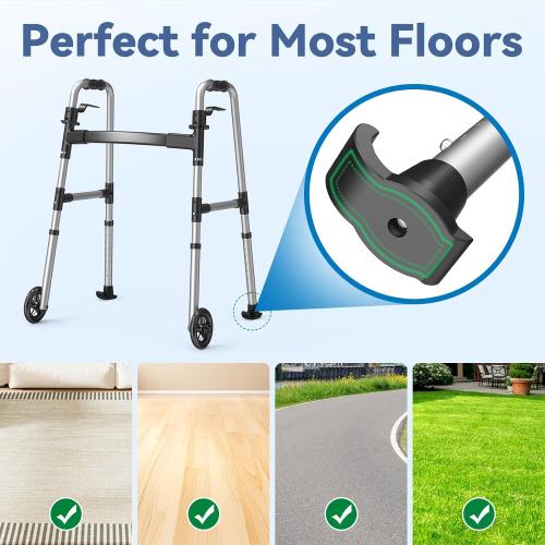 Folding Walker with 2 Skis and 5 Wheels, Lightweight Walkers for Seniors and Adults, Supports Up to 350 Pounds, Adjustable Height, Compact Standard Walker, Black