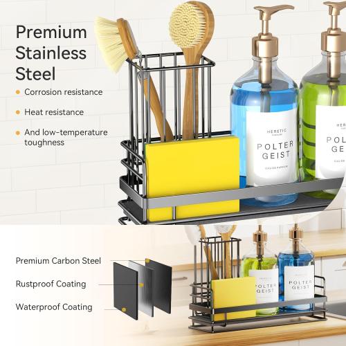 Yofidra Sink Caddy With Stone Drying Tray: Stainless Steel Soap Dispenser Kitchen Sink Organizer Set, Sponge Holder Counter Accessories Decor for Kitchen Organizers and Storage 8.1x3.5x4.5 in Black