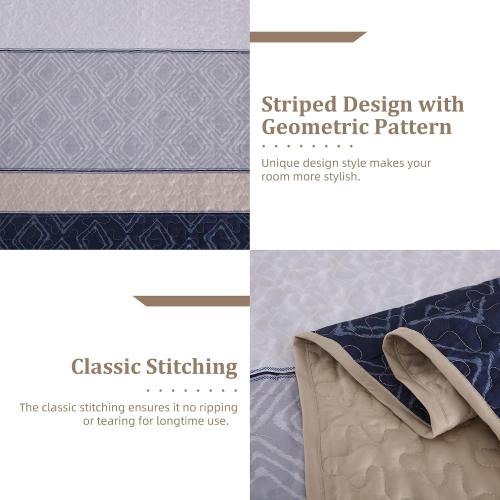Cottolester Boho Quilt Set Queen Size 3 Pieces,Khaki and Navy Blue Striped Bedspread Coverlet Set,Bohemian Bedding Set Soft Microfiber Bedding Set for All Season 96x90