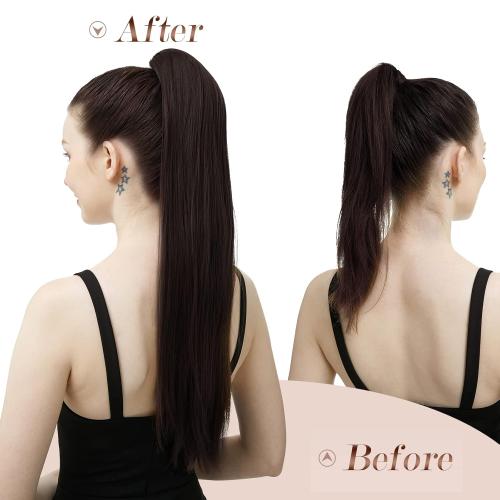 FESHFEN Straight Ponytail Extensions, Long Drawstring Pony Tails Synthetic Hair Piece Clip in Ponytails Hairpieces for Women, Natural Black 28 inch