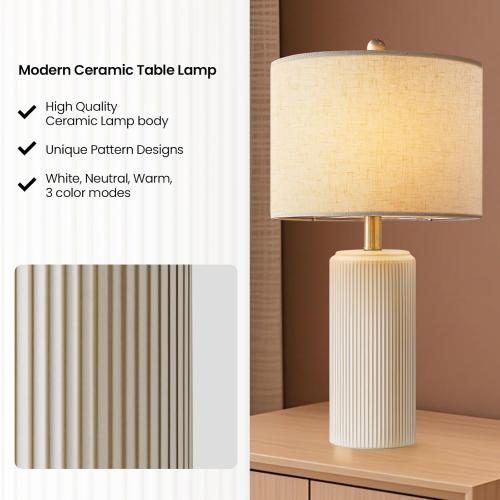 Ceramic Table Lamp Set of 2, 23 Inch 3-Level Dimmable Bedside Lamps with Linen Shade, Farmhouse Nightstand Lamps for Bedroom Living Room, Rustic White Desk Lamp, LED Bulb Included