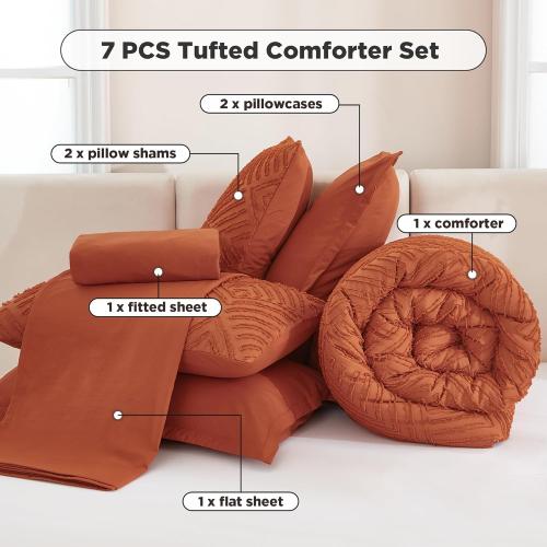 Andency Oversized King Size Comforter Set Burnt Orange - 7 Pieces Bed in a Bag Oversized King Boho Terracotta Bedding Comforter Sets, Rust Tufted Bed Set with Comforter, Sheets, Pillowcases & Shams