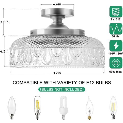 Lamomo Semi Flush Mount Ceiling Light,Upgraded Larger Silver Hallway Light Fixture,3-Bulb Globe Glass Close to Ceiling Scone, Indoor Hanging Light for Bedroom Kitchen Porch Hallway,Bulbs Not Included