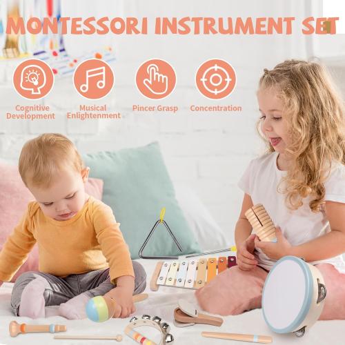 Baby Musical Instruments Set - Montessori Wooden 18 Month Old Baby Musical Toys, Toddler Percussion Instruments Xylophone Maracas Tambourine for Toddlers 1-3, 1 2 3 Year Old Girls Boys Birthday Gifts
