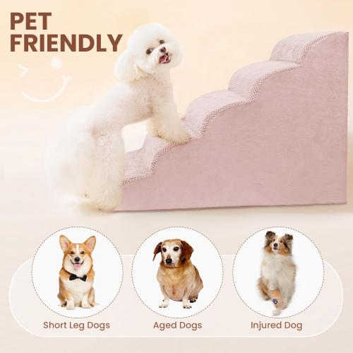 Pink 5 Steps Dog Stairs for Bed, Dog Steps for High Bed, High Density Pet Steps for Small Dogs, Extra Wide Non-Slip Dogs Ramp for Injured, Older Pets, Small Cats, Pink
