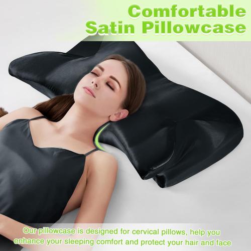 2 Pcs Satin Pillowcase for Cervical Pillow, Black Silky Cervical Pillow Case Contour Pillow Case Cover with Zipper, Smooth Ergonomic Pillowcase for Neck Pillow Cover