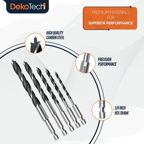 Brad Point Wood Drill Bit Set – High-Speed Steel with 1/4 Hex Shank – Precision Drilling for Hardwood, Softwood, Plywood, and MDF – Quick-Change Design for Power Drills ( 5-Piece )