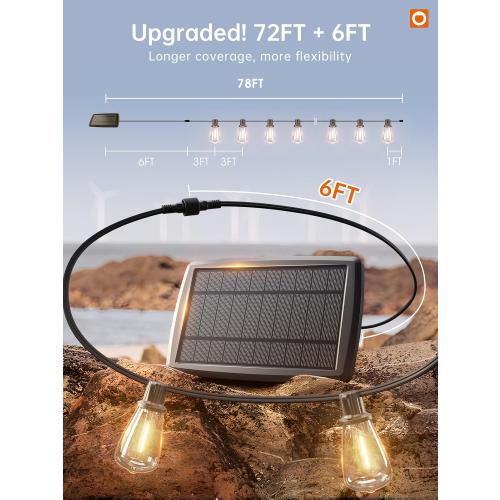 addlon 72FT Solar String Lights Outdoor, Waterproof Solar Powered Outside Lights with Remote & USB Port, ST38 LED Shatterproof Bulbs, Dimmable Solar Light for Camping Backyard Porch