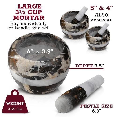 Gusto Nostro Natural Marble Mortar and Pestle Set | 6 Inch - 3.5 Cup Extra Large Mortar Pestle Set for Grinding Herbs, Nuts, Grains | Pesto Grinding and Guacamole Stone Bowl | Marble Spice Crusher